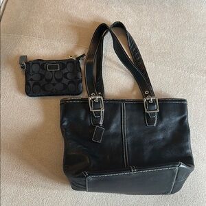Coach Black Leather Tote Bag and wristlet
